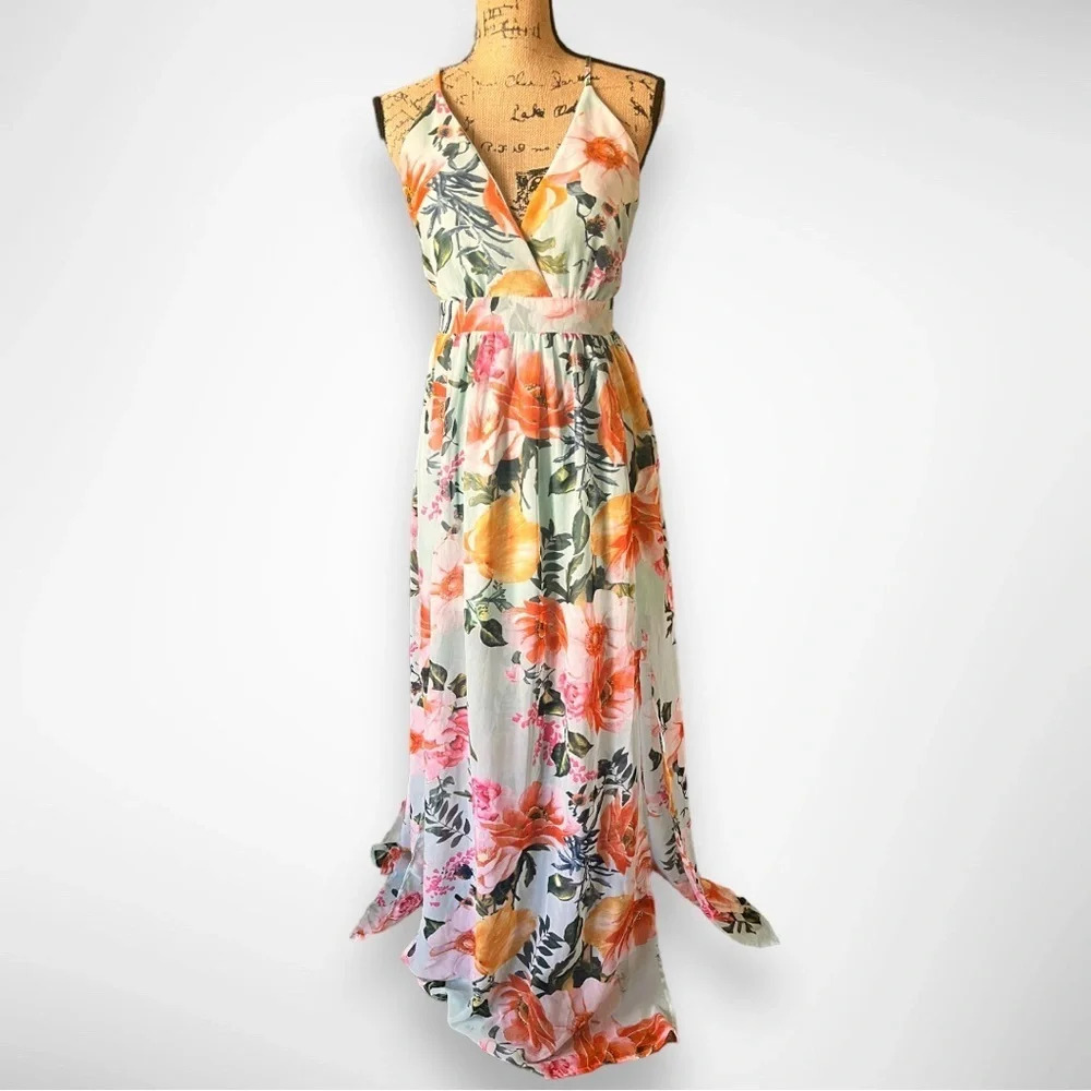 REVAMPED‎ Women's Light Aqua Green Floral Maxi Dress XS | EUC